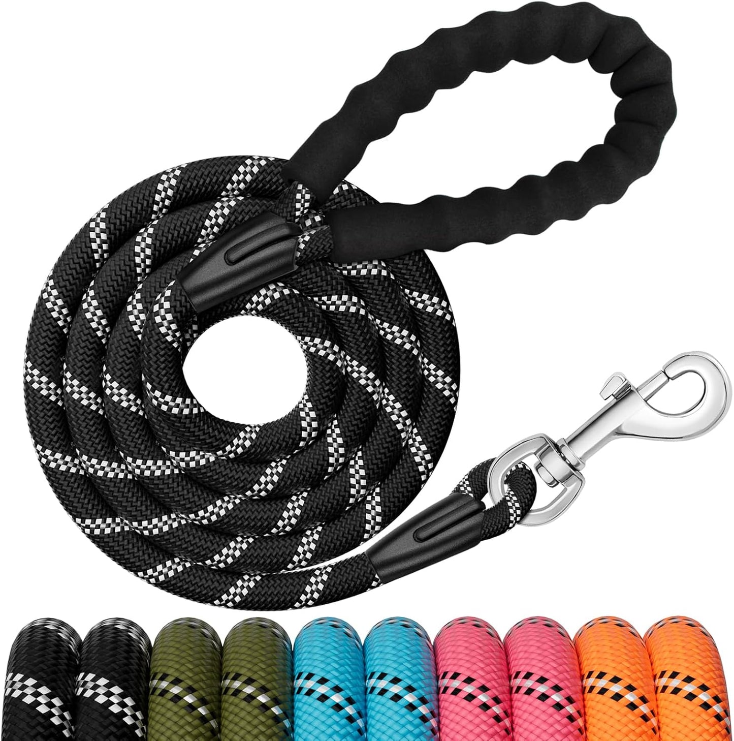 6FT Dog Leash, 1.8m Strong Rope line Dog Lead Leash with Soft Padded Handle and Heavy Duty Hook, Reflective Recall Training Leads for Large Medium Small Dog, 10mm, Black