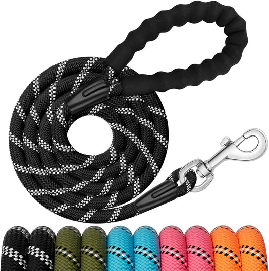 6FT Dog Leash, 1.8m Strong Rope line Dog Lead Leash with Soft Padded Handle and Heavy Duty Hook, Reflective Recall Training Leads for Large Medium Small Dog, 10mm, Black