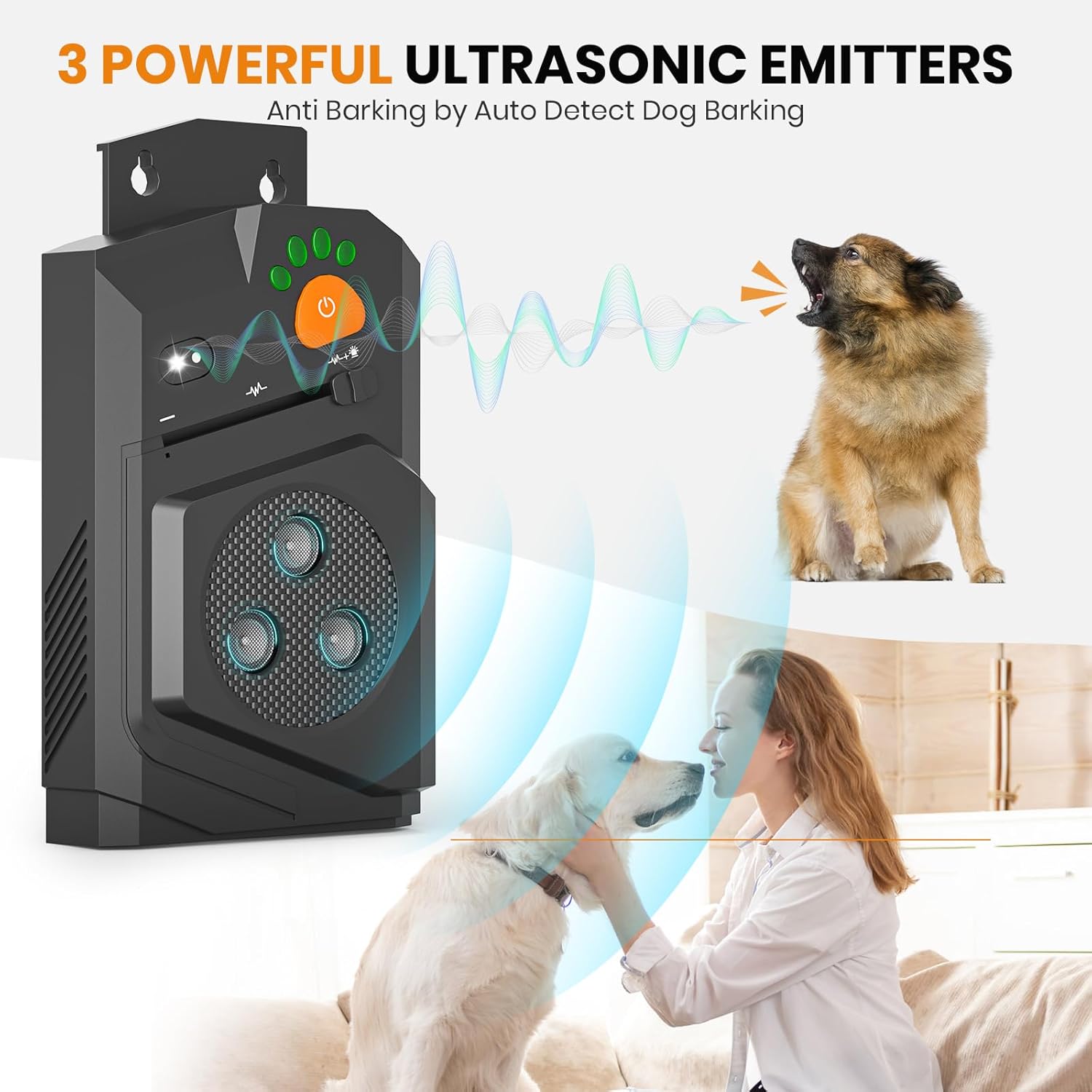 Anti Barking Device for Dogs, Ultrasonic Dog Bark Deterrent Device, 15M Range Dogs Bark Control, Stop Dog Barking Devices with 3 Modes, IP56 Waterproof, Indoor & Outdoor, Rechargeable