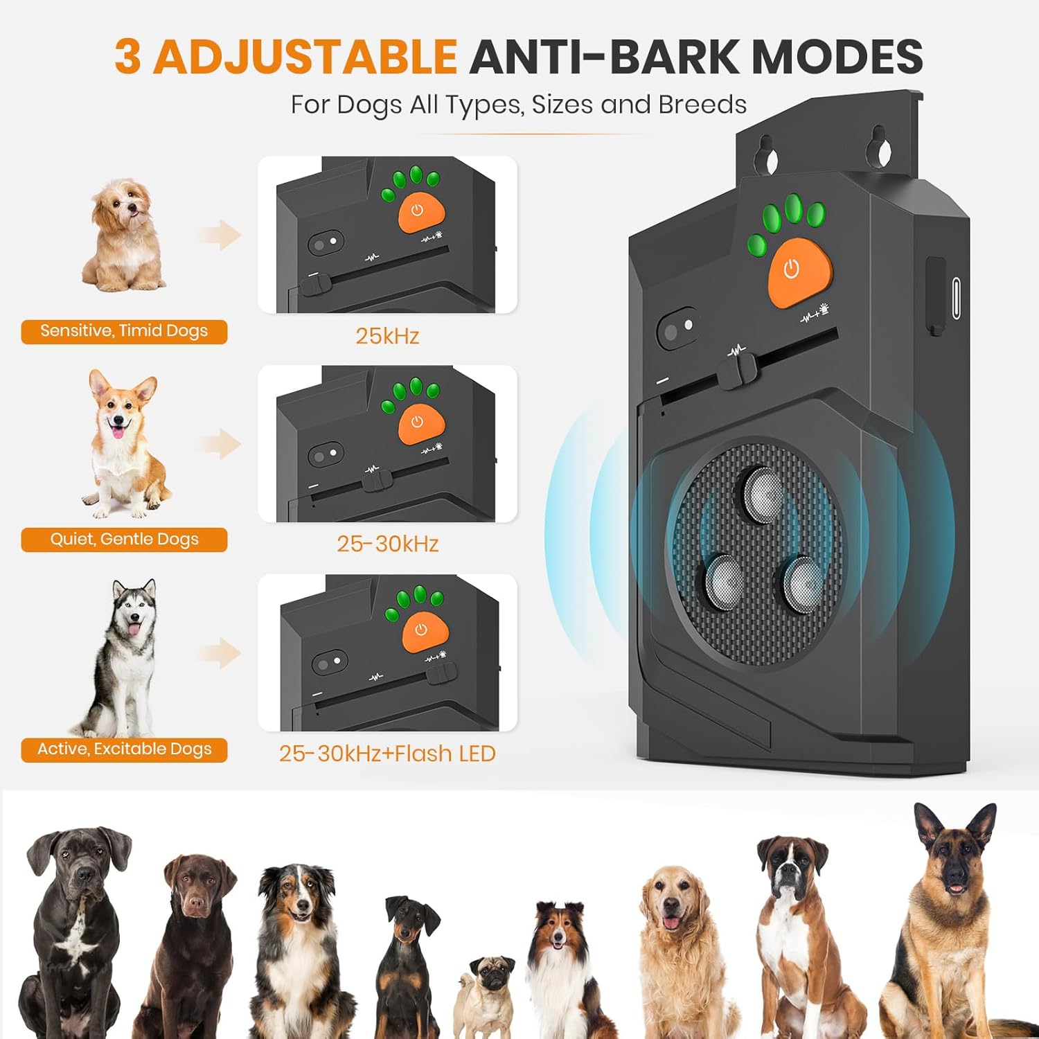 Anti Barking Device for Dogs, Ultrasonic Dog Bark Deterrent Device, 15M Range Dogs Bark Control, Stop Dog Barking Devices with 3 Modes, IP56 Waterproof, Indoor & Outdoor, Rechargeable