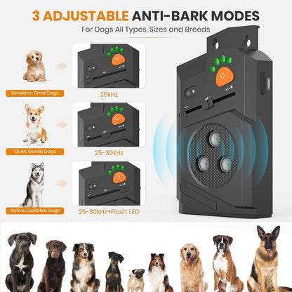 Anti Barking Device for Dogs, Ultrasonic Dog Bark Deterrent Device, 15M Range Dogs Bark Control, Stop Dog Barking Devices with 3 Modes, IP56 Waterproof, Indoor & Outdoor, Rechargeable