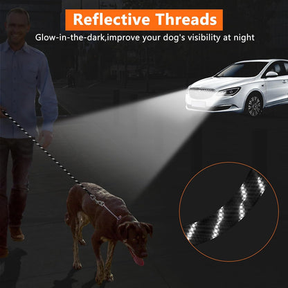 6FT Dog Leash, 1.8m Strong Rope line Dog Lead Leash with Soft Padded Handle and Heavy Duty Hook, Reflective Recall Training Leads for Large Medium Small Dog, 10mm, Black