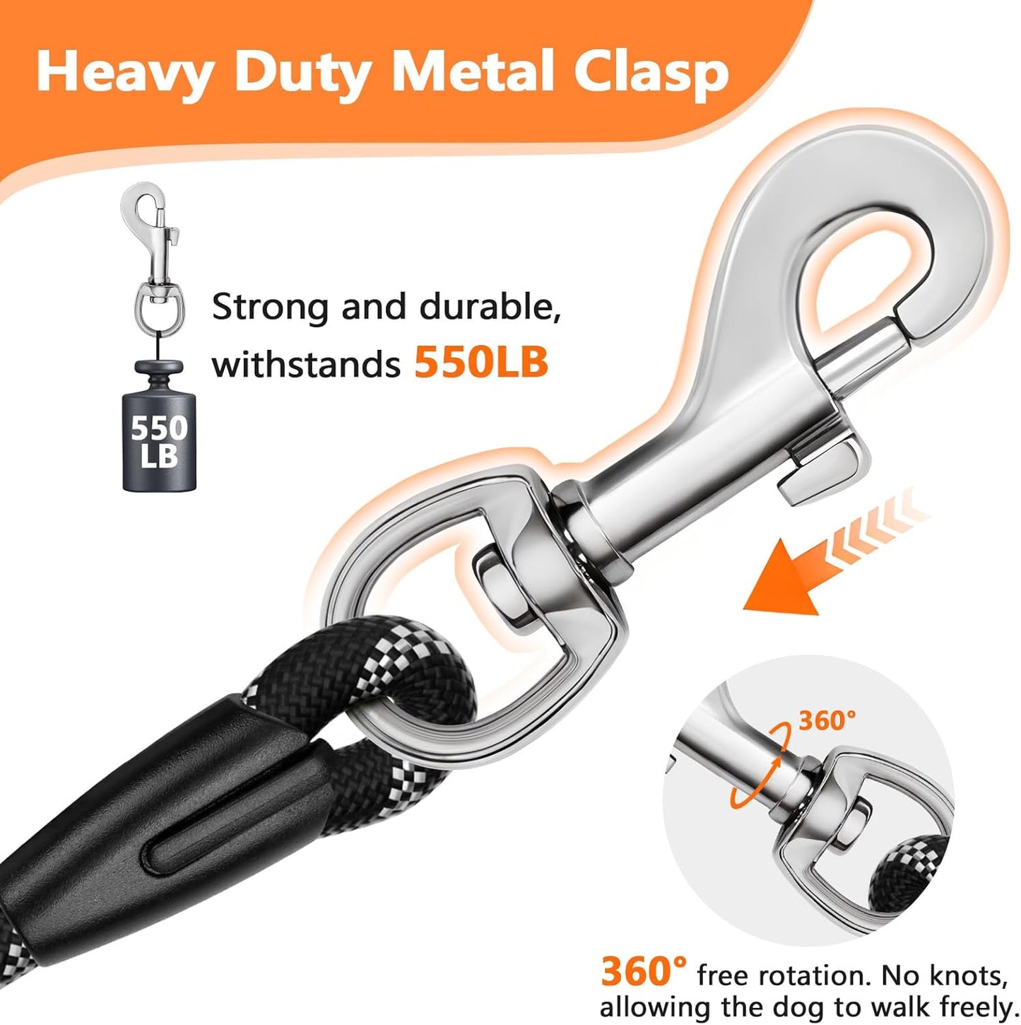 6FT Dog Leash, 1.8m Strong Rope line Dog Lead Leash with Soft Padded Handle and Heavy Duty Hook, Reflective Recall Training Leads for Large Medium Small Dog, 10mm, Black