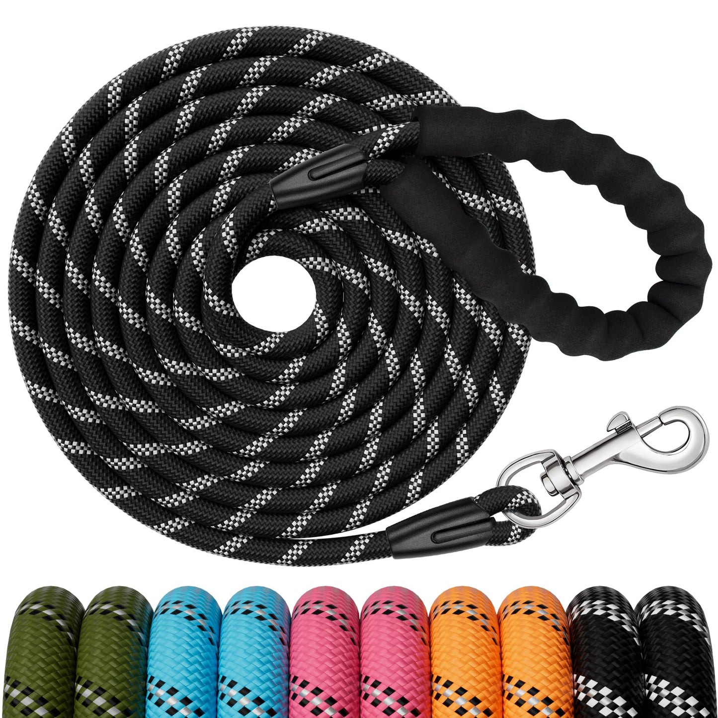 6FT Dog Leash, 1.8m Strong Rope line Dog Lead Leash with Soft Padded Handle and Heavy Duty Hook, Reflective Recall Training Leads for Large Medium Small Dog, 10mm, Black