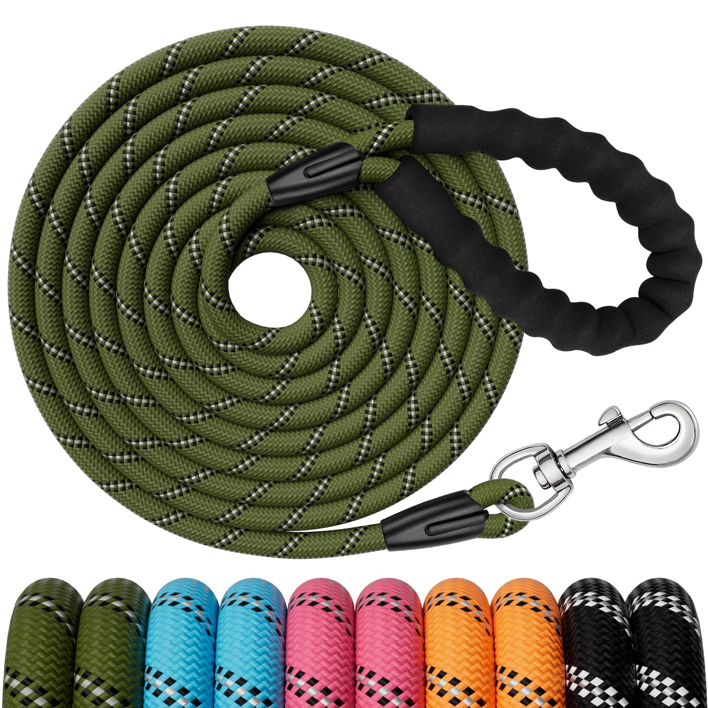 6FT Dog Leash, 1.8m Strong Rope line Dog Lead Leash with Soft Padded Handle and Heavy Duty Hook, Reflective Recall Training Leads for Large Medium Small Dog, 10mm, Black