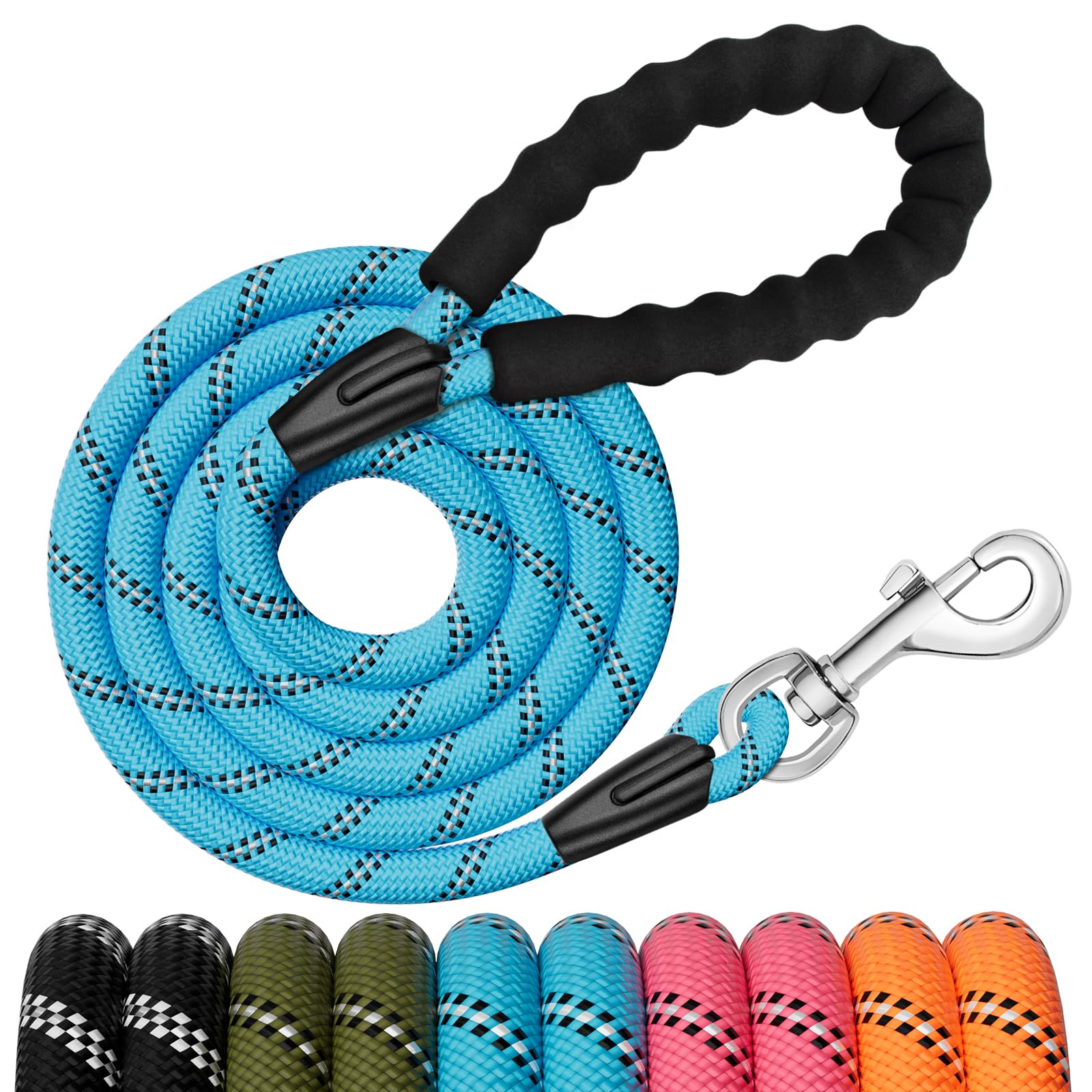 6FT Dog Leash, 1.8m Strong Rope line Dog Lead Leash with Soft Padded Handle and Heavy Duty Hook, Reflective Recall Training Leads for Large Medium Small Dog, 10mm, Black