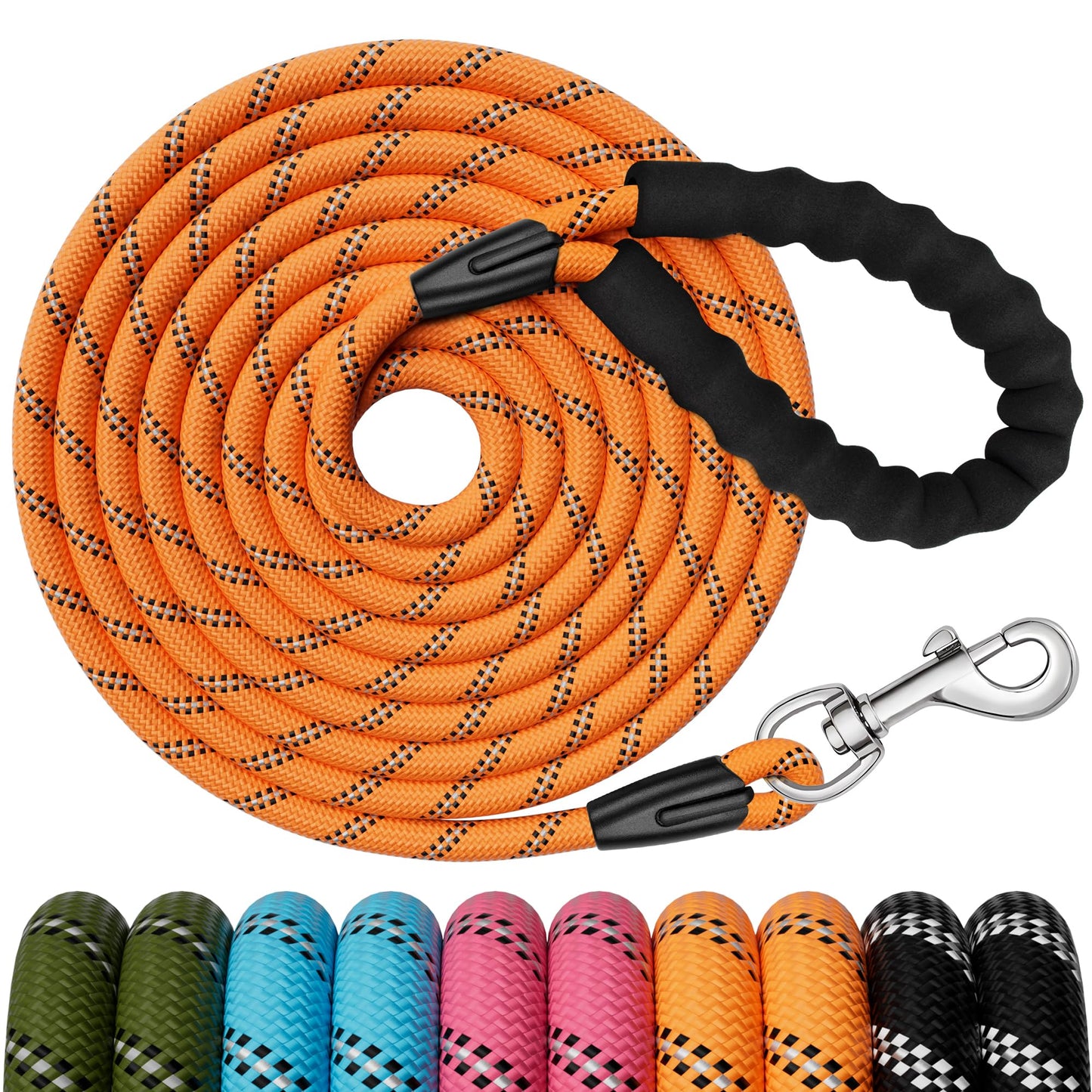 6FT Dog Leash, 1.8m Strong Rope line Dog Lead Leash with Soft Padded Handle and Heavy Duty Hook, Reflective Recall Training Leads for Large Medium Small Dog, 10mm, Black